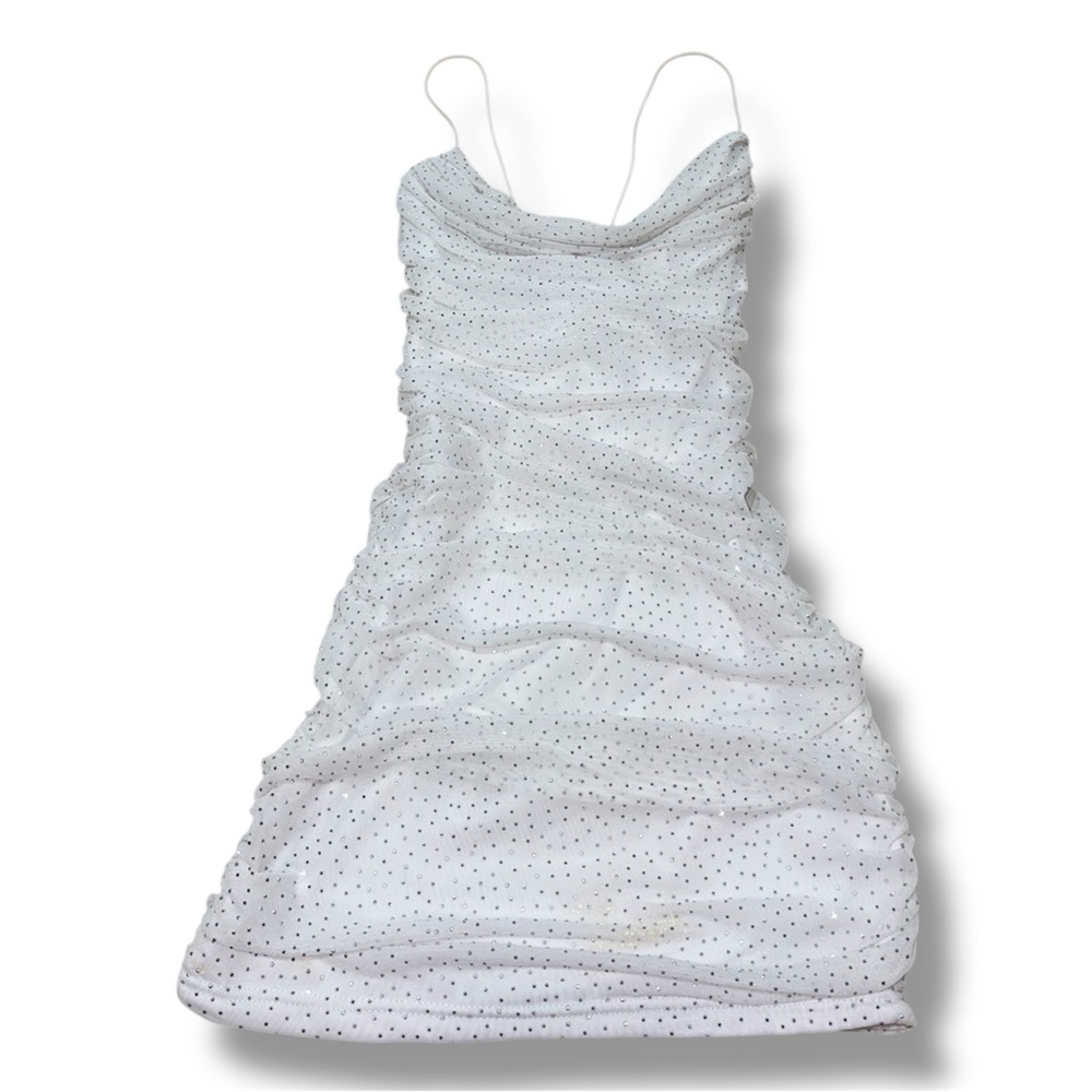 White Ruched Form Fitting Rhinestone Sparkle Mini Dress